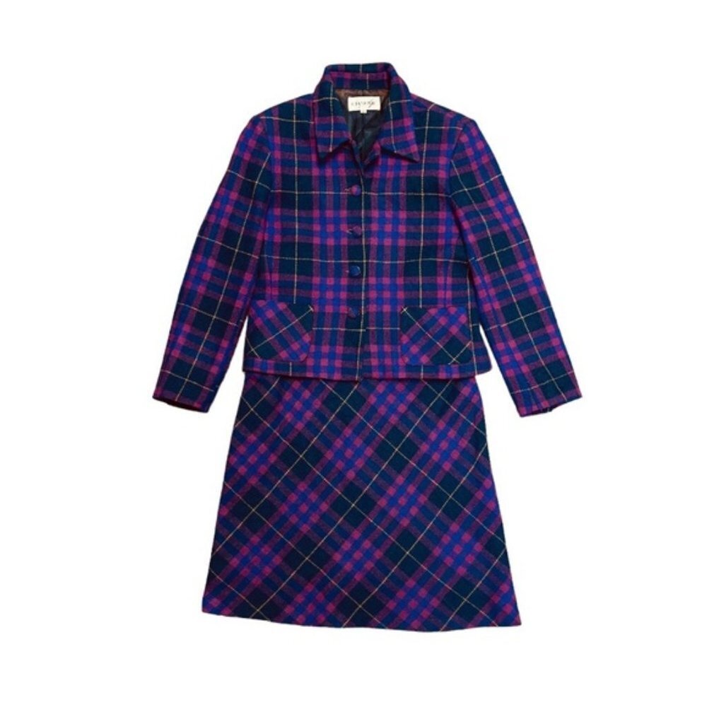 Charme Vintage‎ 2-Piece Set Size 6 US Petite Pink Blue Plaid Wool Skirt Blazer